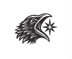 Black and white illustration of an eagle head with open beak and a star symbol on white background bird