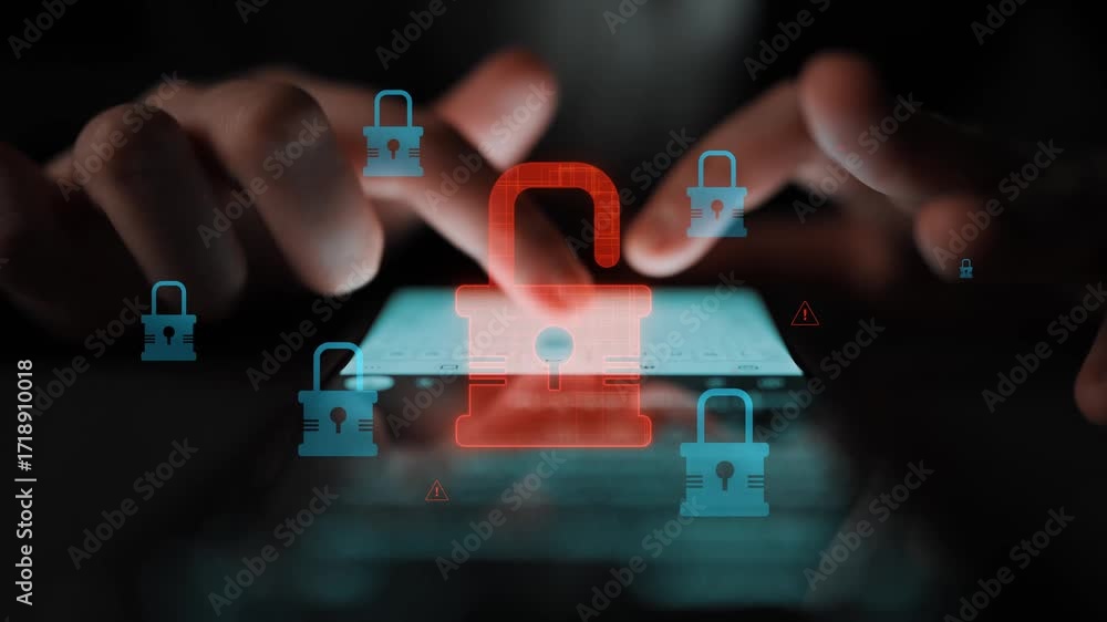 Poster digital security concept illustrating a cybersecurity breach, with a red unlocked padlock indicating