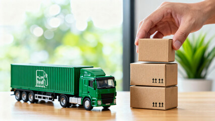 Green freight systems concept with green truck and stacked cardboard boxes wooden table indoors