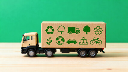 Green freight systems truck with eco symbols on cardboard box showing sustainable transport