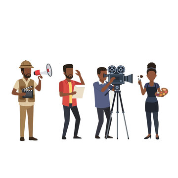 Cartoon illustration of a film crew working, including a director, cameraman, and artist.