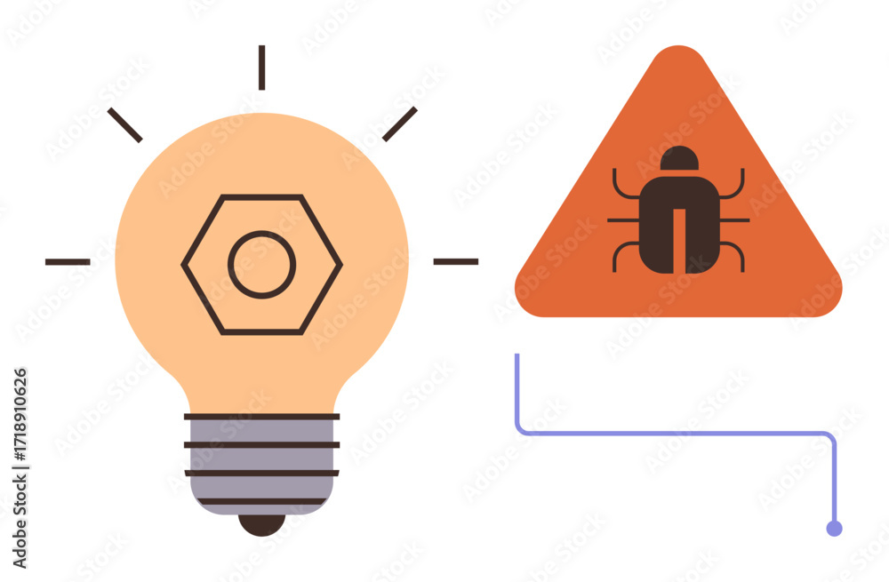 Poster light bulb with glowing rays connected to a triangular bug warning sign, signaling troubleshooting, 