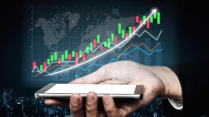 Close-up of a hand holding a smartphone with financial graphs illustrating growth, set against a modern city background, conveying themes of technology and investment. Copula - Powered by Adobe