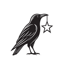 Black silhouette of a crow holding a star in its beak on white background bird