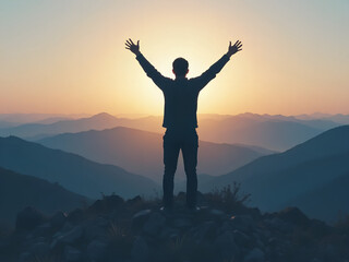 silhouette person standing mountain peak arms raised vibrant sunrise sunset distant mountain range freedom triumph success accomplishment hope spiritual nature inspiration achievement