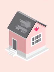 isometric pink house illustration with dark gray roof heart symbol modern vector art clean minimal design isolated on light pink background home love architecture icon