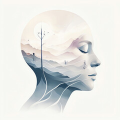 double exposure conceptual art silhouette human head profile with serene landscape scene mountains trees nature sky inside creative design imagination mind meditation tranquility
