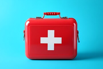 Obraz premium Red First Aid Kit Box with White Cross on Blue Background Equipment