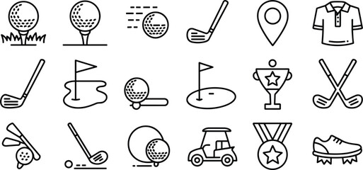 Collection of black and white line art icons for golf and sports Keywords: golf, sports, icons