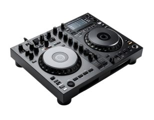Sleek, dark-grey DJ controller with two large jog wheels, numerous knobs, faders, and a central display screen
