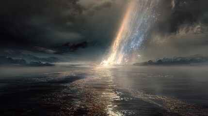 Celestial Meteor Shower Over Cityscape at Dawn