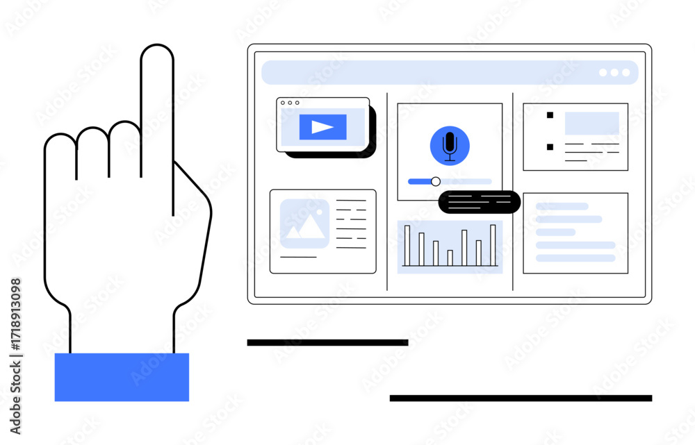Aufkleber gesture control with a hand pointing to a digital interface showcasing videos, charts, voice control