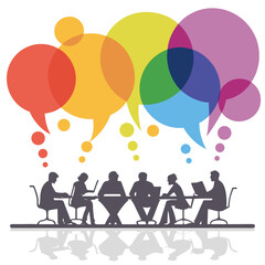 People in a meeting surrounded by colorful overlapping speech bubbles
