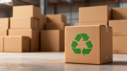 Green freight systems box with recycle symbol in warehouse showing sustainable shipping