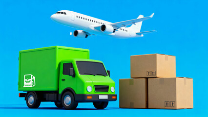 Green freight systems truck and airplane with cardboard boxes blue background for logistics