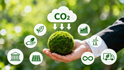 Green freight systems concept with hand holding moss ball and eco icons for sustainability