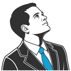 A stylish man in a suit looks thoughtfully upwards with hope