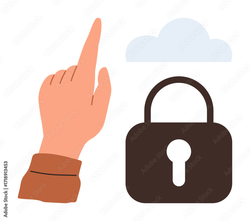 Aufkleber hand gesturing to a cloud positioned above a padlock, representing secure access and cloud-based dat