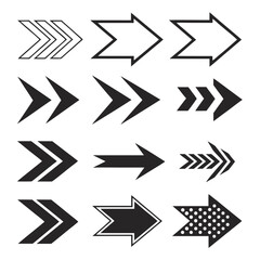 Collection of various black and white arrow shapes direction indicators