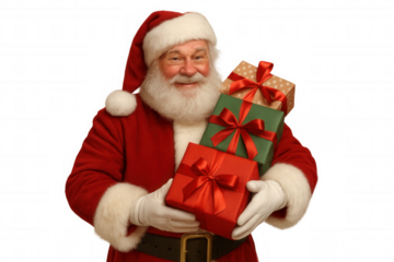 Santa claus holding multiple christmas gifts and presents, bringing holiday joy with a cheerful expression
