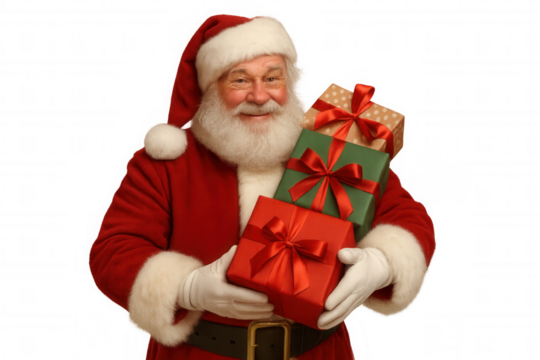 Santa claus holding multiple christmas gifts and presents, bringing holiday joy with a cheerful expression