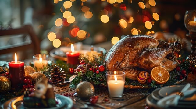 Festive Holiday Dinner Table with Roasted Turkey and Decorations