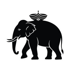 Black Silhouette of an Elephant Carrying a Decorative Bowl Isolated on White Background