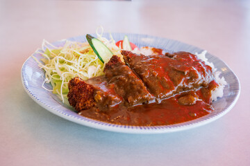 Japanese Katsu Curry with Rice and Fresh Salad