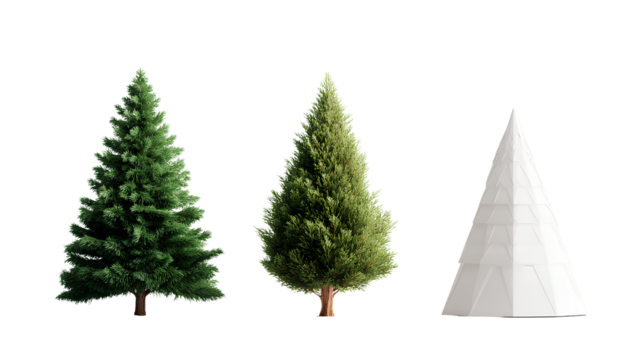 Realistic, Flat, and Minimalist Christmas Tree Variations Collection isolated on transparent background