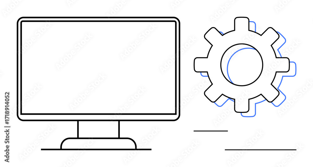 Poster computer monitor with a large gear indicating processes, system settings, operations, or maintenance