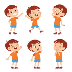 Happy cartoon boy exhibiting different expressions and playful poses