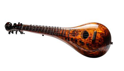 A pear-shaped, richly-figured wood stringed instrument with a long neck, intricate scroll head, and soundhole