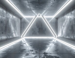 Futuristic, empty concrete room with glowing light