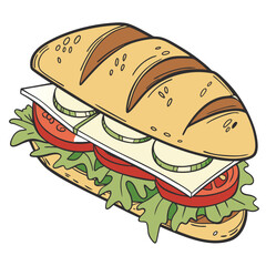 A colorful illustration of a fresh sandwich with vegetables and cheese