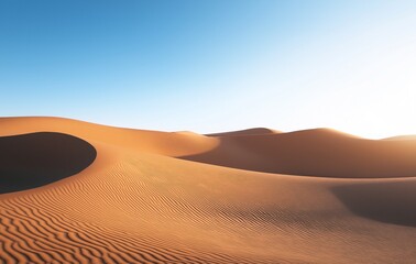 Endless desert with sand dunes under clear blue sky capturing vastness beauty warm golden hues depth sunlight long shadows dune patterns solitude mesmerizing landscape