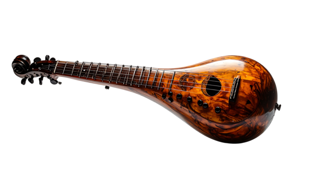 A pear-shaped, richly-figured wood stringed instrument with a long neck, intricate scroll head, and soundhole