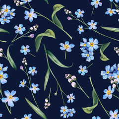 Forget-me-not wildflowers seamless pattern on a dark background. Hand-drawn botanical watercolor illustration. A light, fresh pattern for decor and textiles. A clipart for printing on fabric