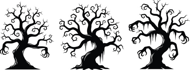 Spooky halloween trees silhouettes isolated on white background for scary designs