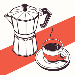 A stylish illustration of a moka pot with a cup of coffee