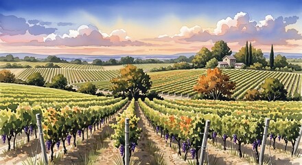 Naklejka premium Watercolor painting of a vineyard with rows of grapevines under a cloudy sky at sunset time view