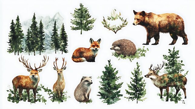 Fototapeta Watercolor forest animals and evergreen trees collection