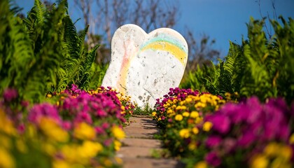 Colorful path through flowers with heart-shaped objects