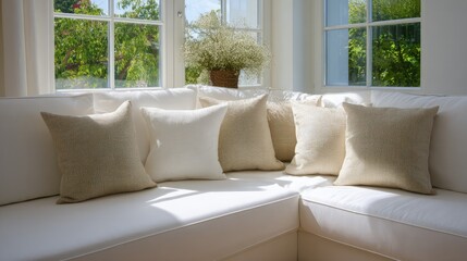 White Sofa With Gold And Beige Sequined Cushions