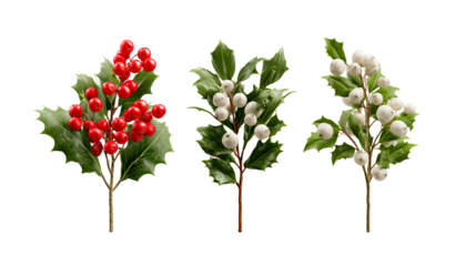Holly and Mistletoe Branch Bundle in Festive, Classic, and Cartoon Styles isolated on transparent background