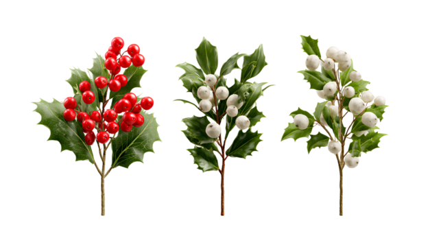 Holly and Mistletoe Branch Bundle in Festive, Classic, and Cartoon Styles isolated on transparent background
