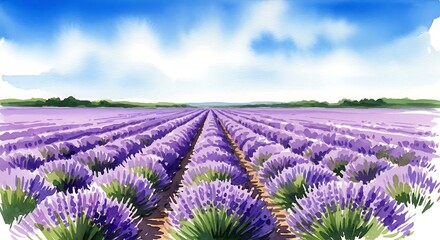 Fototapeta premium Watercolor painting of a lavender field under a blue sky with clouds and distant green trees line the horizon
