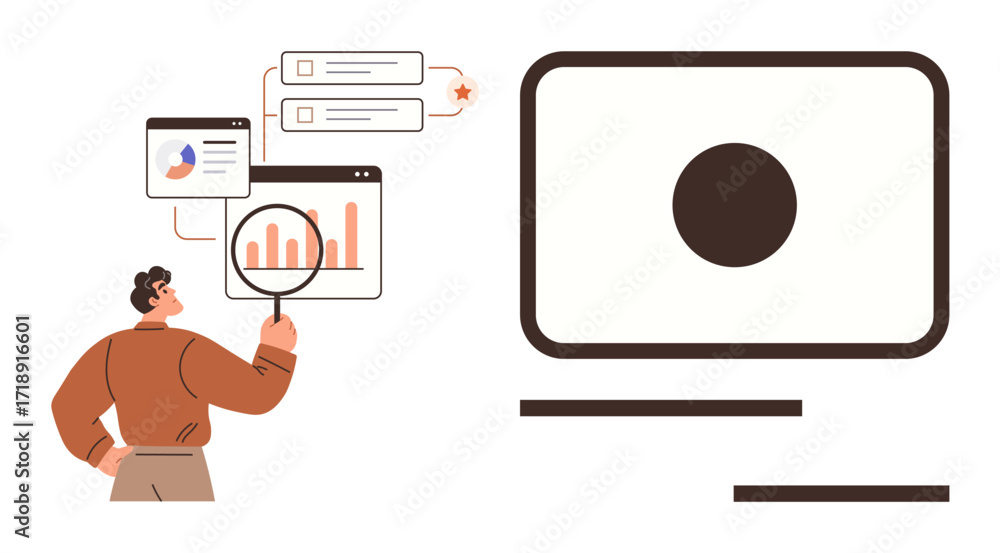 Poster man holding magnifying glass reviewing statistical graphs and charts on screens, symbolizing analysi