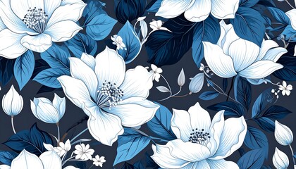 Elegant, monochromatic floral pattern with large blooms and detailed leaves on dark background
