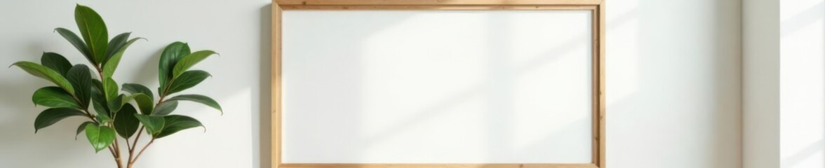 Obraz premium Empty frame mockup on minimalist wall, plant accent , photo, empty space, living room decor