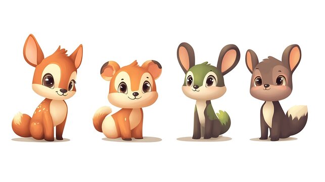 Fototapeta Cute cartoon forest animals sitting together in a line